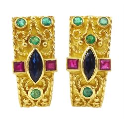 Pair of Middle Eastern 18ct god vari-cut sapphire, emerald and ruby earrings, stamped 750