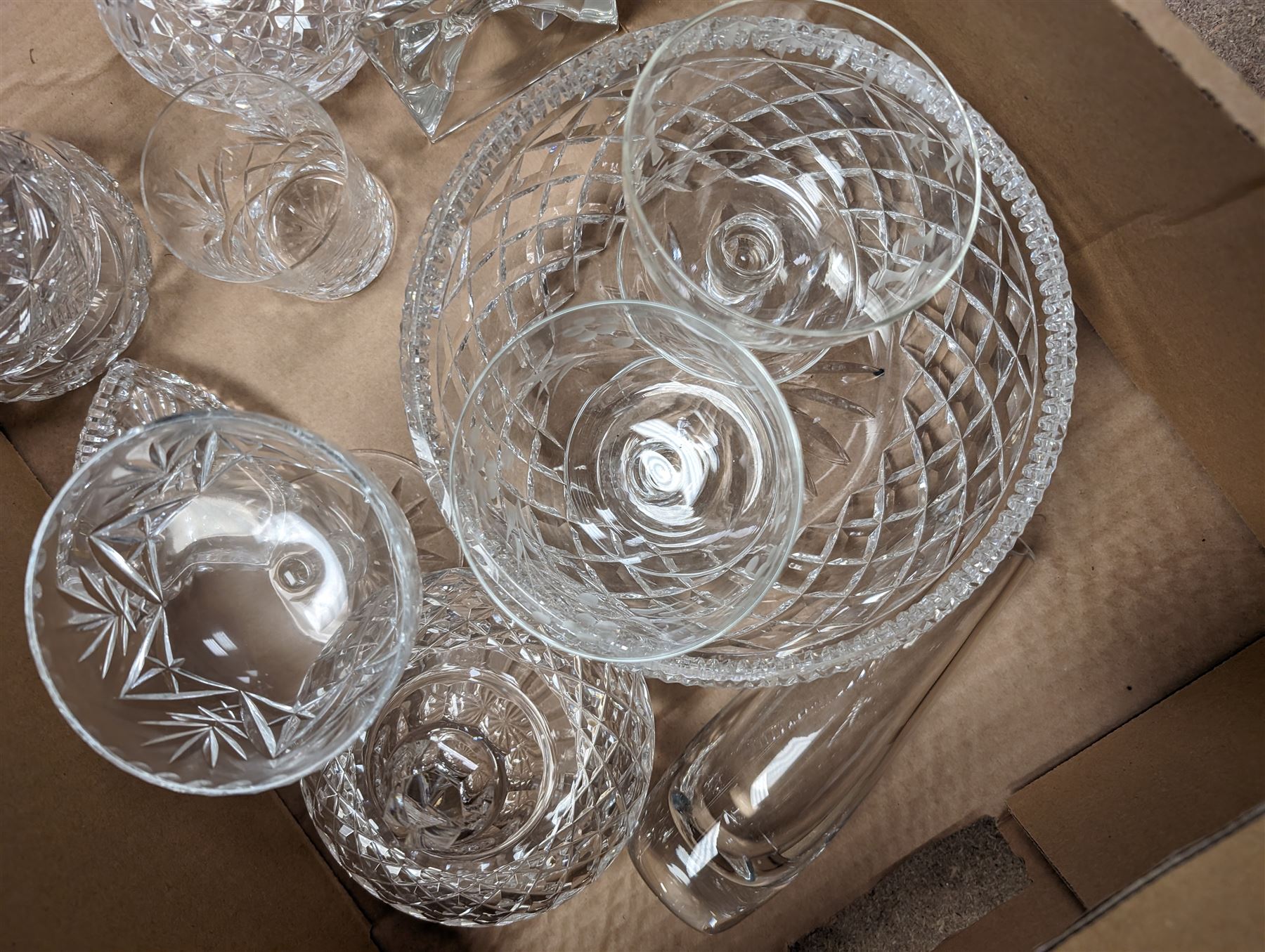 Collection of crystal and cut glass, including bowl, candlesticks, glasses, etc by Waterford, Stuart, etc