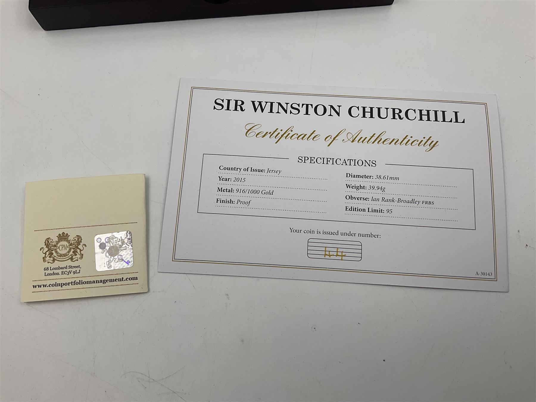 Queen Elizabeth II Bailiwick of Jersey 2015 'Sir Winston Churchill' gold proof five pound coin, cased with certificate