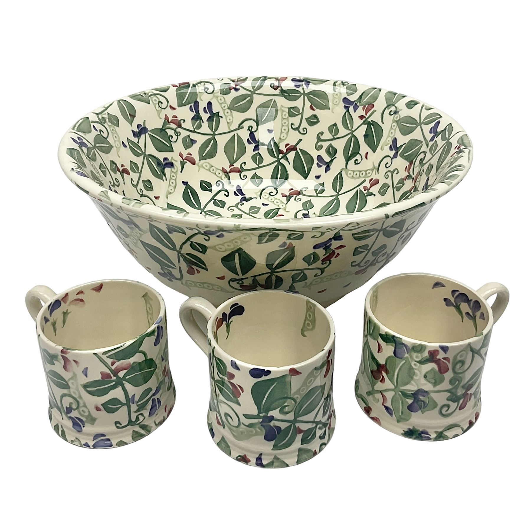 Emma Bridgewater ceramics in Sweet Pea pattern, comprising three cups and a large bowl,  bowl D31cm