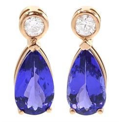 Pair of 18ct rose gold pear cut tanzanite and round brilliant cut diamond pendant stud earrings, total tanzanite weight approx 4.45 carat, total diamond weight approx 0.60 carat 