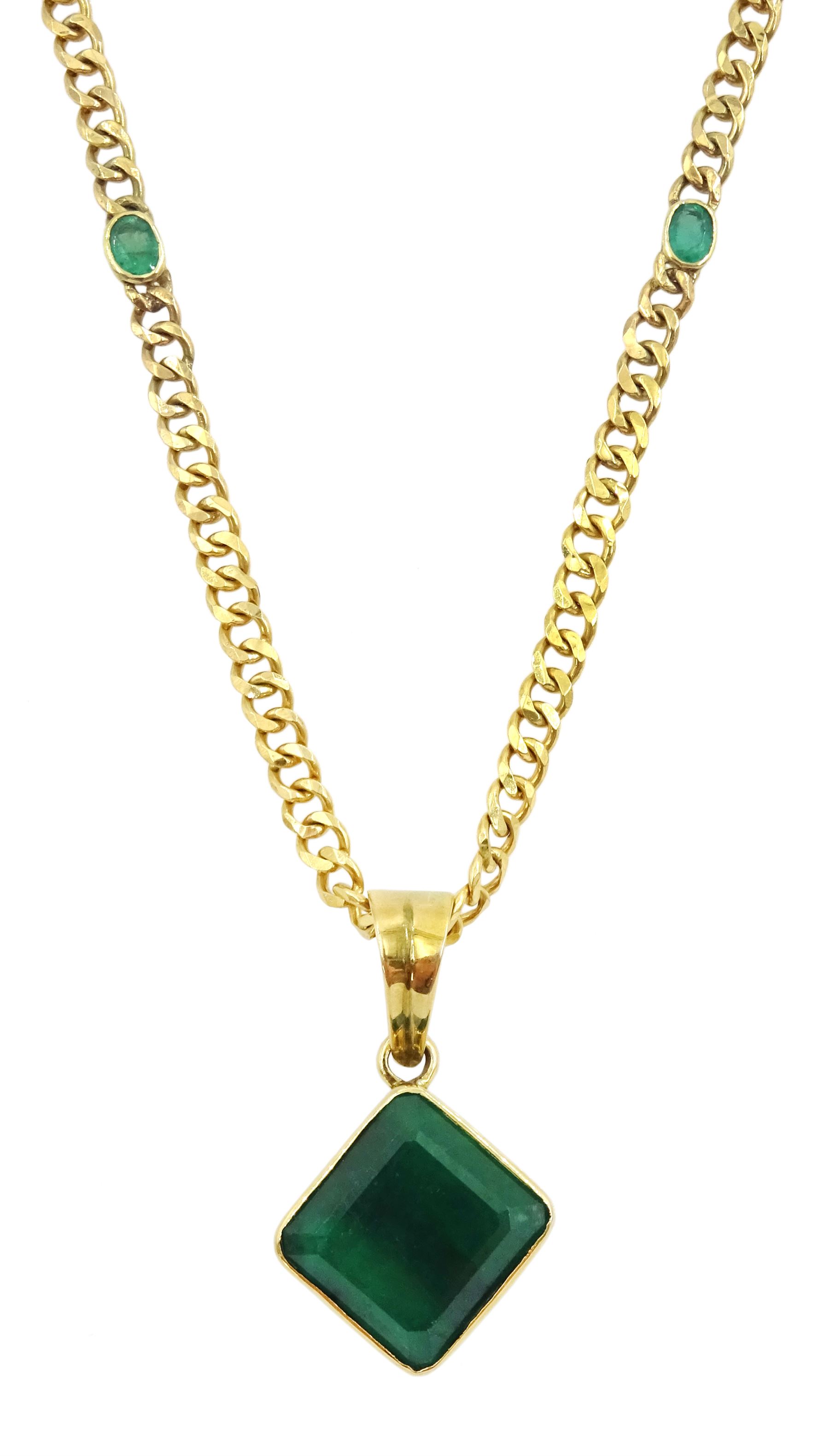 Gold single stone square cut emerald pendant, on gold curb link chain necklace set with two oval cut emeralds, both 9ct, emerald approx 12.00 carat