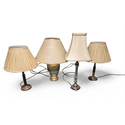 Pair of brass table lamps with cream pleated shades, together with two other table lamps