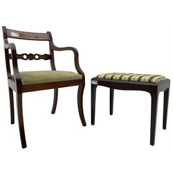 Georgian design mahogany framed elbow chair (W55cm); rectangular stool with upholstered drop-in seat (2)