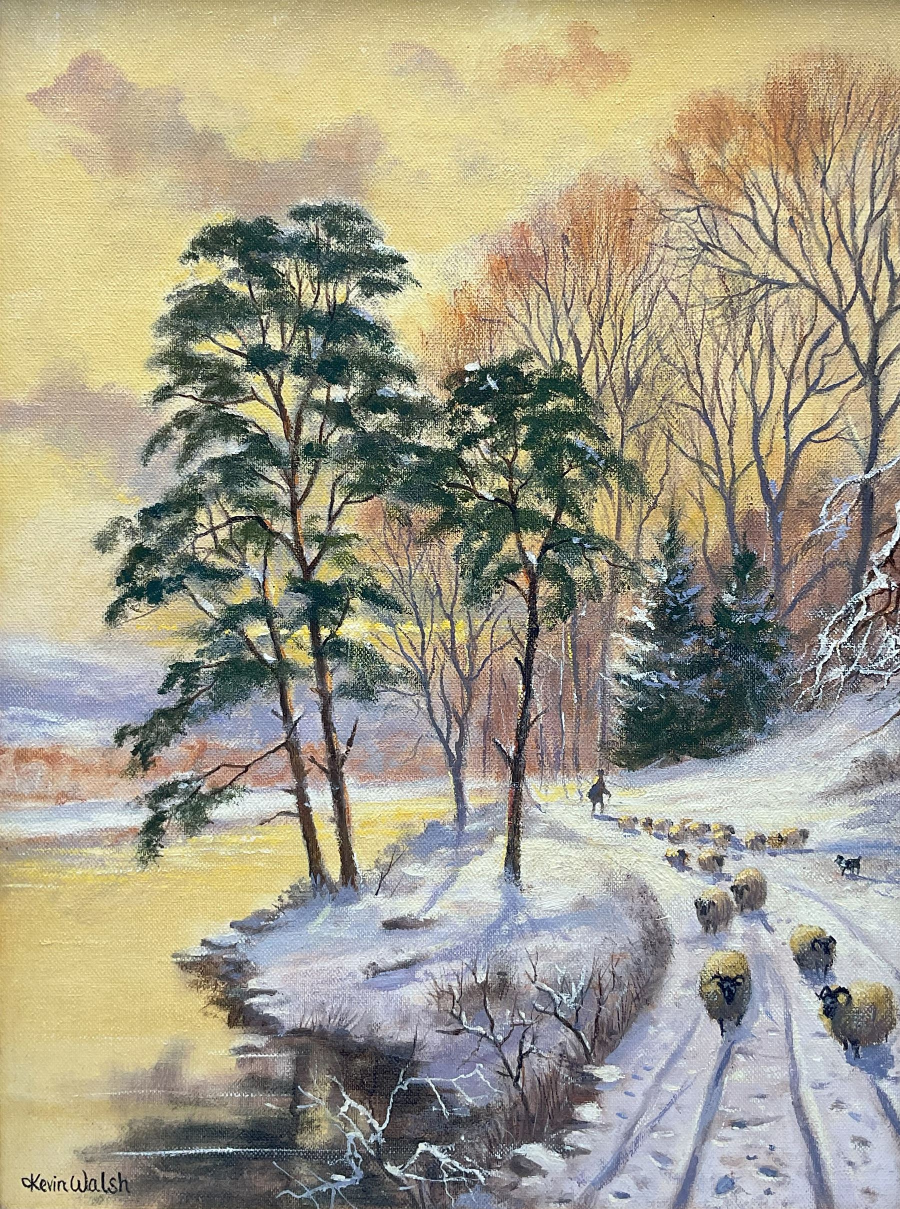 Kevin Walsh (British 1950-): Herding Sheep in the Snow, oil on canvas board signed 39cm x 29cm