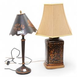 Two oriental ceramic table lamps, with gilt decoration on a black ground, max H75cm including shade (2)