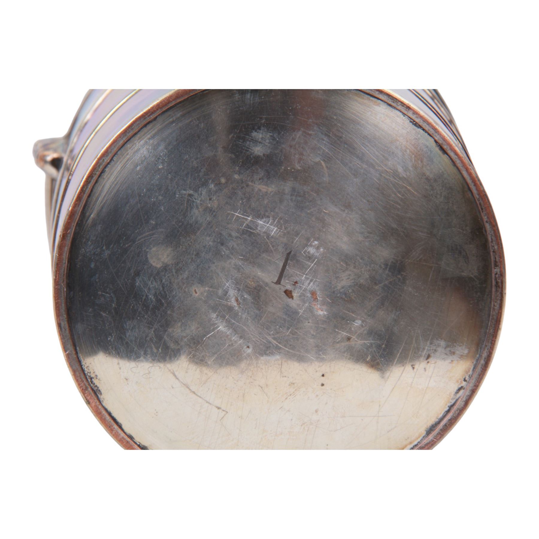 20th century silver plated wine cooler, of cylindrical form with swing handle, two applied bands to body, and engraved crest, the cover lifting to reveal a further removable pierced section, not including handle H20.5cm D20cm