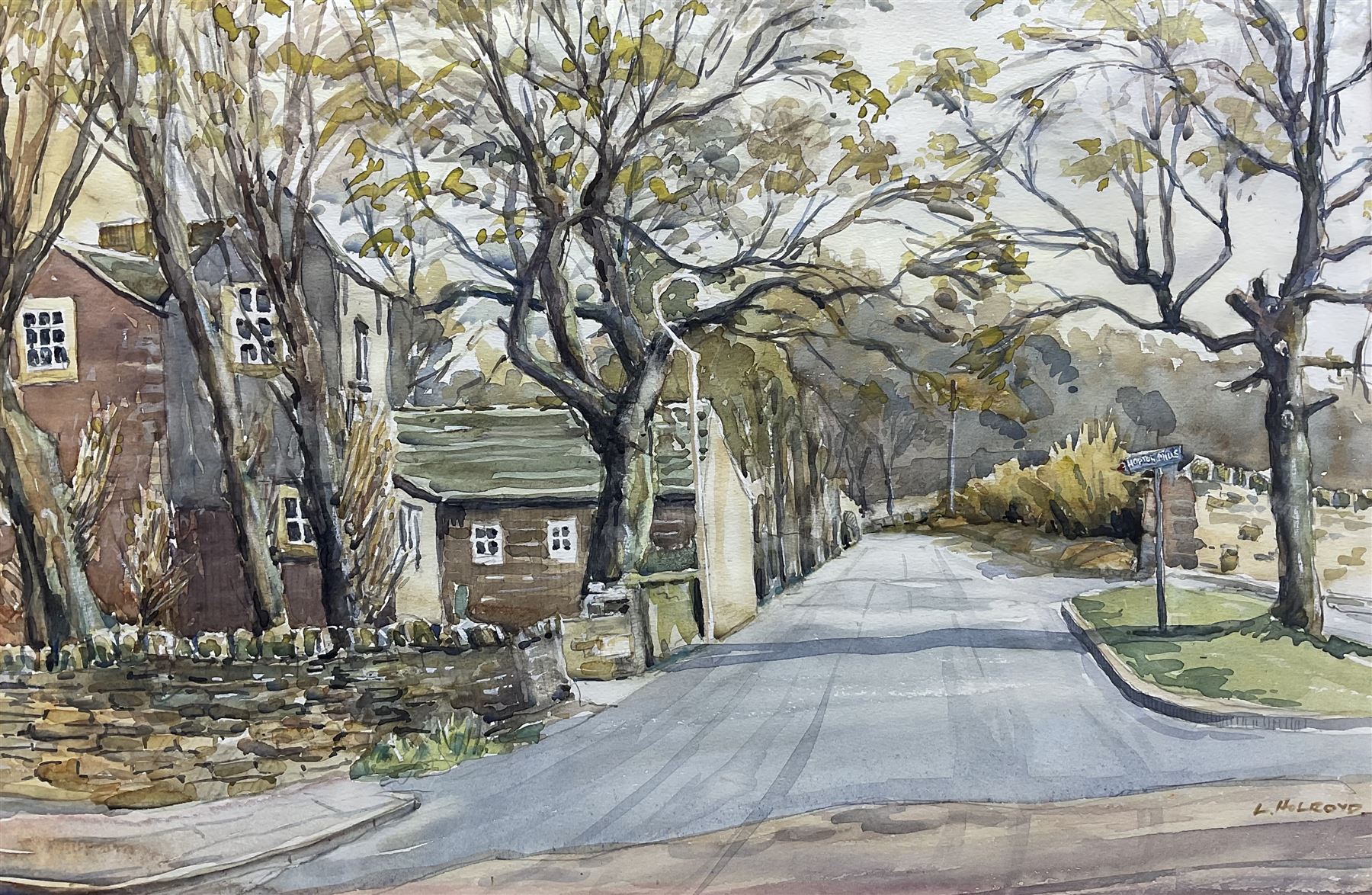 L Holroyd (British 20th Century): The Road to Hopton Mills, watercolour signed 36cm x 54cm 