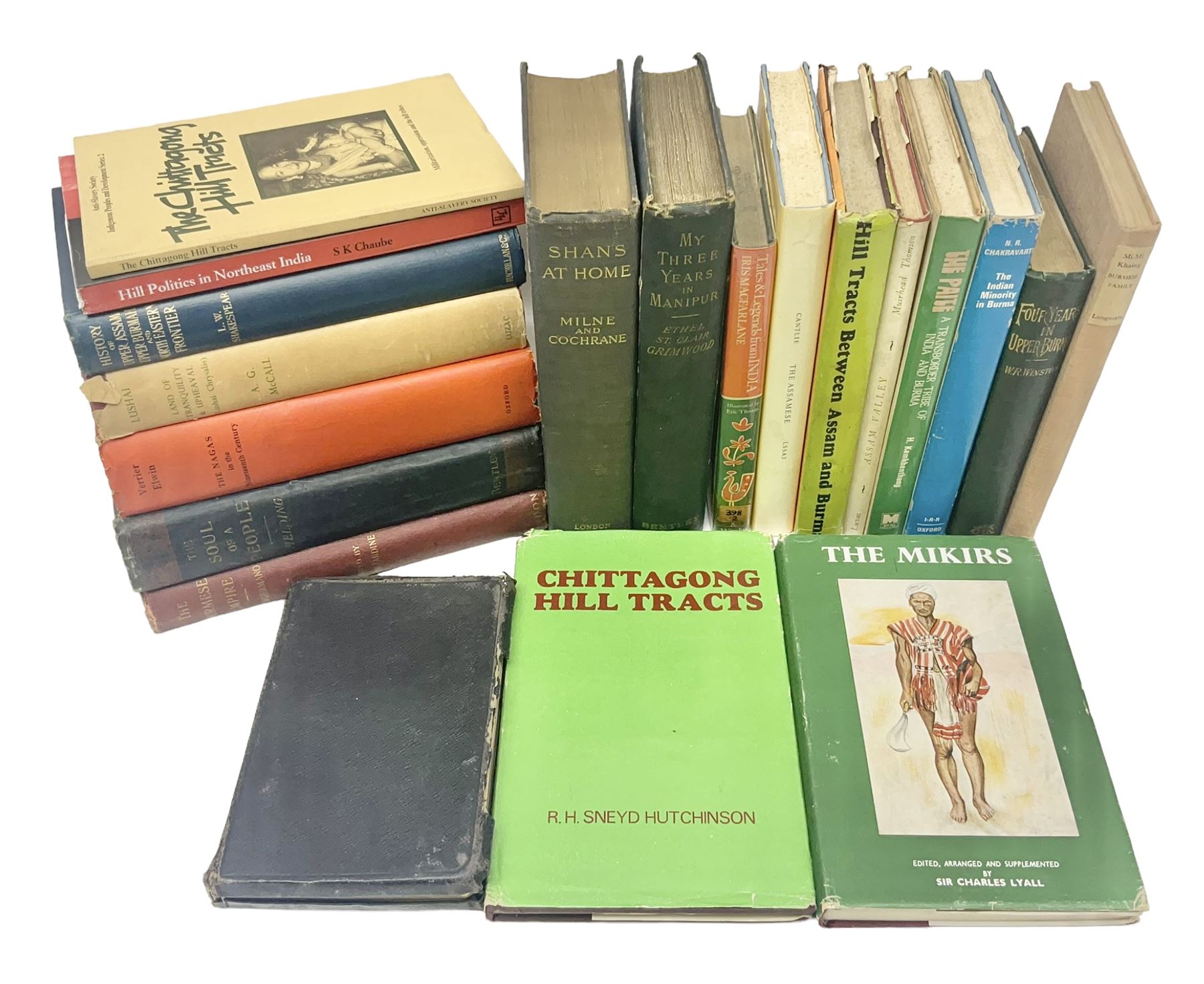 Burma and North East India - twenty books including The Burmese Empire by Father Sangermano. 1893; My Three Years in Manipur by Ethel St. Clair Grimwood. 1892; Shans at Home by Mrs. Leslie Milne. 1910; Four Years in Upper Burma by W.R. Winston. 1892; The Soul of People by H. Fielding. 1898; History of Upper Assam, Upper Burmah and North-Eastern Frontier by L.W. Shakespear. 1914; and fourteen others (20)