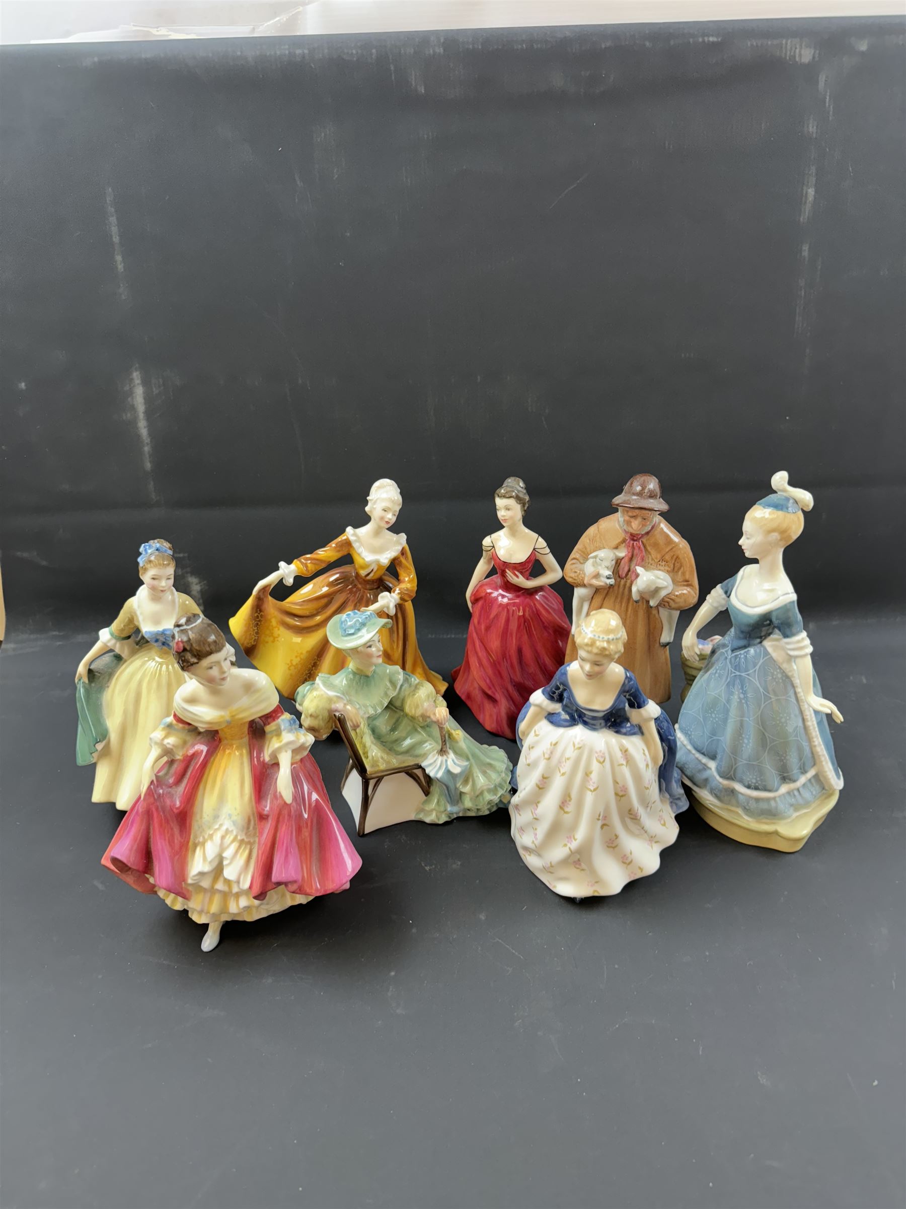 Eight Royal Doulton figures, including Lambing Time, Innocence, Ascot, Alison etc 