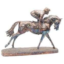 Silver model of a racehorse with jockey up, filled, on a naturalistic rectangular base 21cm x 26cm Sheffield 1996 Maker Camelot Silverware Ltd 