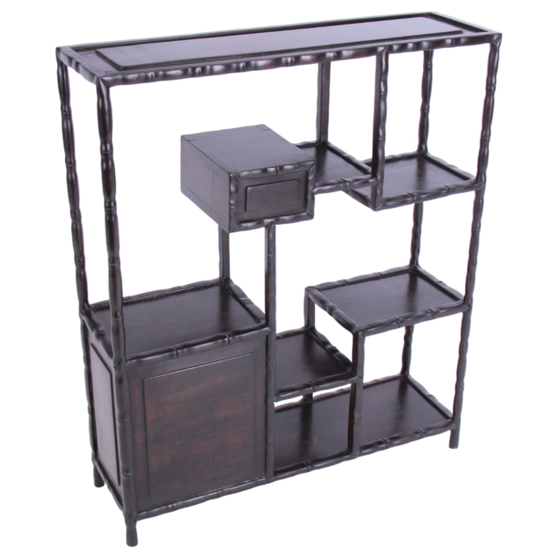 Chinese hardwood multi tier scholars display stand, with built in cabinet and draw, H48cm 