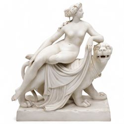 Victorian Minton Parian ware group 'Ariadne and the Panther', the nude maiden seated side-...