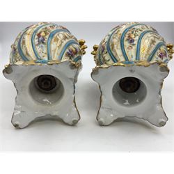 Pair of late 19th/early 20th century Sevres style vases and covers, of baluster form with gilt scroll handles and domed covers, the wrythen fluted bodies decorated with alternating bands of painted fruit and flowers and gilt vines, upon a white and celeste blue ground, with printed and impressed marks beneath, H22.5cm 