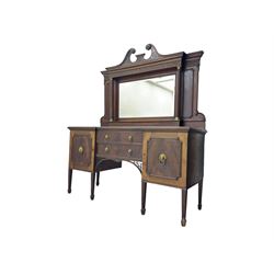 19th century mahogany sideboard, raised mirror back with carved fretwork and two fluted columns, above two cupboards and two drawers with lion mask handles