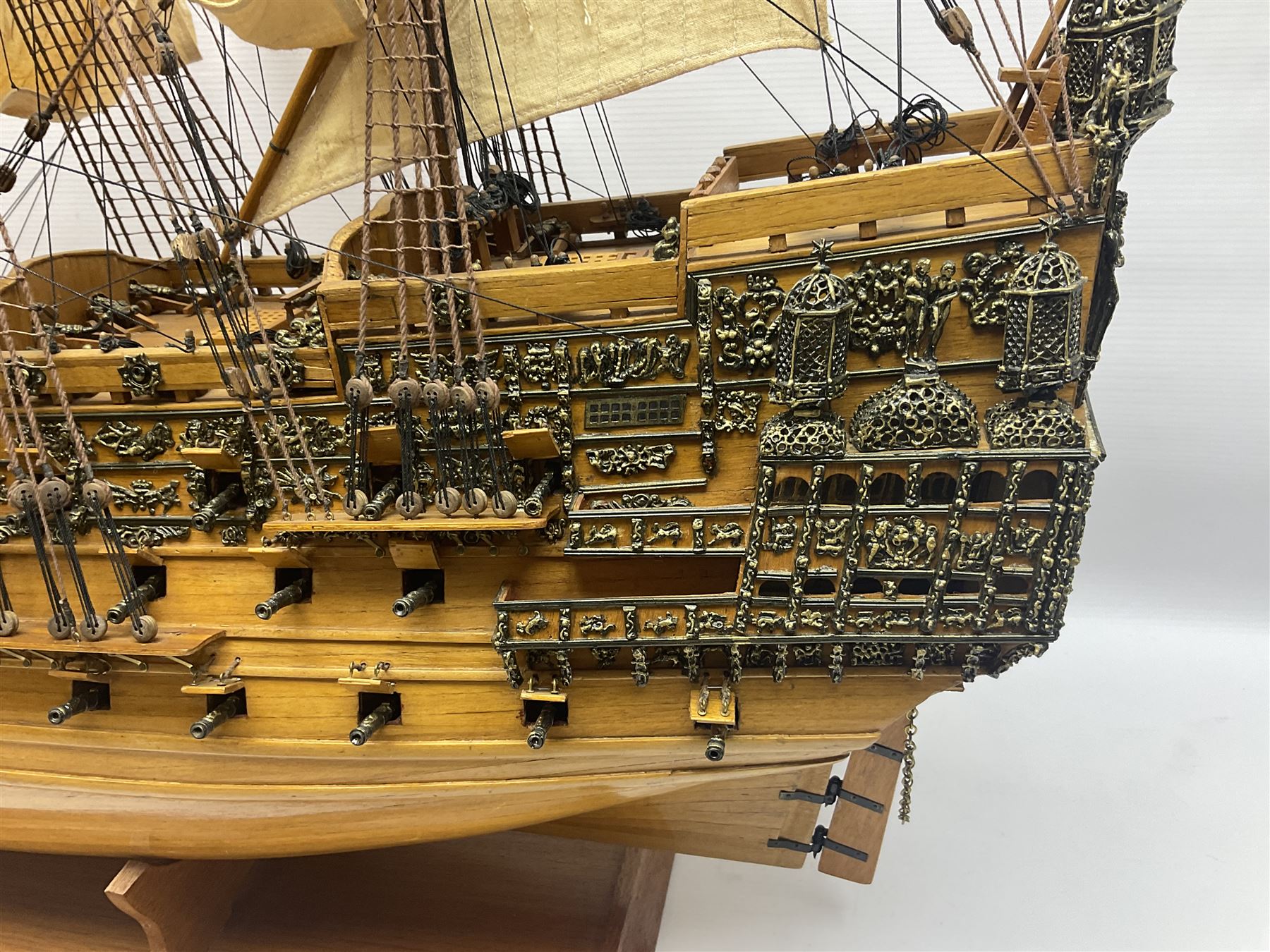 Large kit built scale model of 17th century Royal Navy warship 'HMS Sovereign of the Seas', upon wooden stand with engraved name plaque, H91cm, W111cm