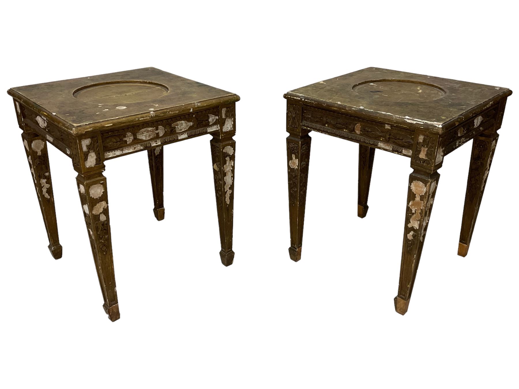 Pair of 20th century giltwood and gesso vase or lamp side table, the moulded square top with circular central recess, decorated with applied foliage and flower head mouldings, on square tapering supports with spade feet