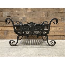 Heavy cast iron ornate strapwork fire dog grate, removable grate, scrollwork detail