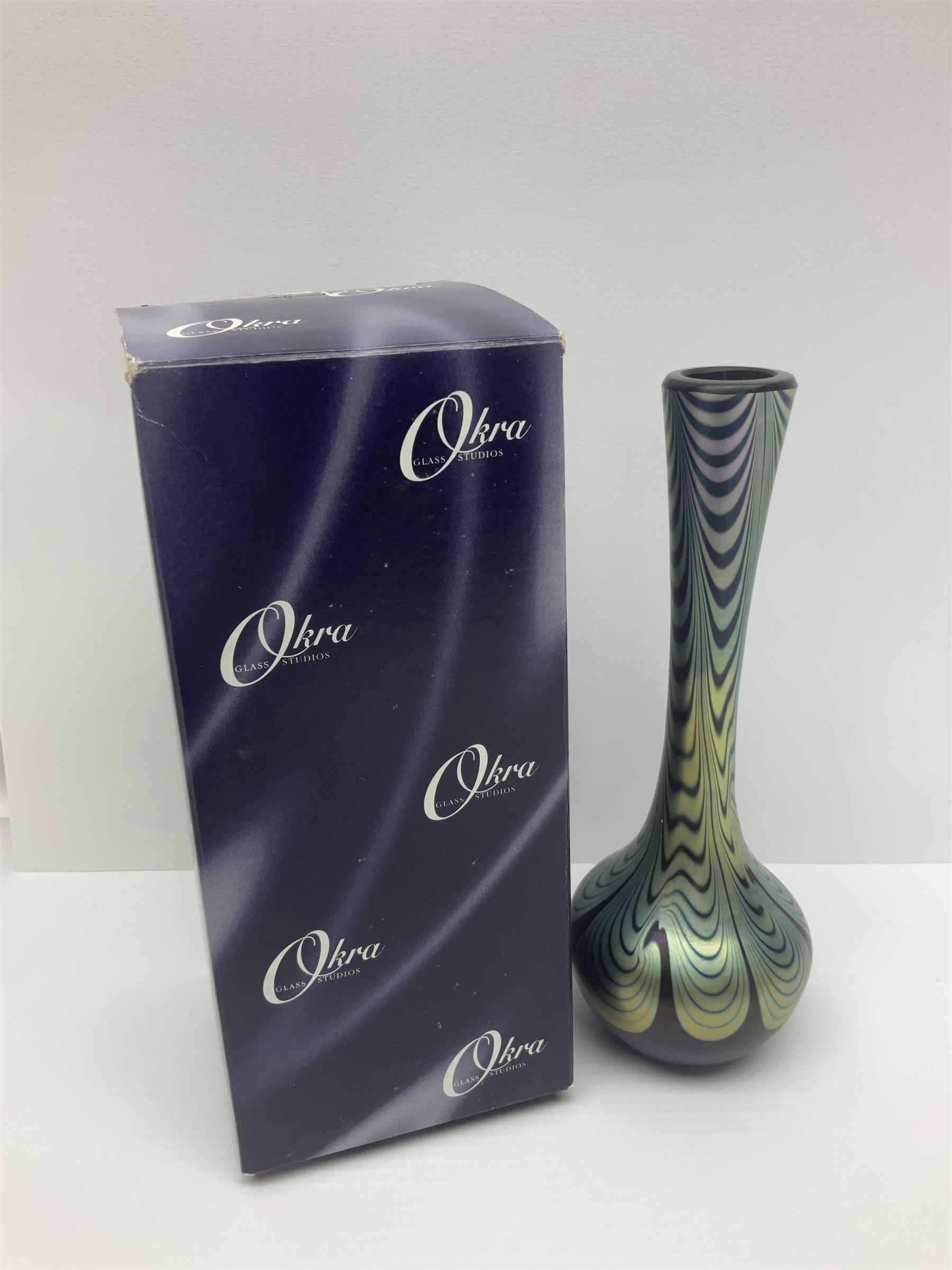 Okra oval vase in Merlins Web pattern, together with another Okra vase, oval vase with original box H16cm