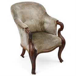 19th century mahogany framed tub armchair, upholstered in sage green velvet fabric with sprung seat, scrolled arm terminals over cabriole supports with castors