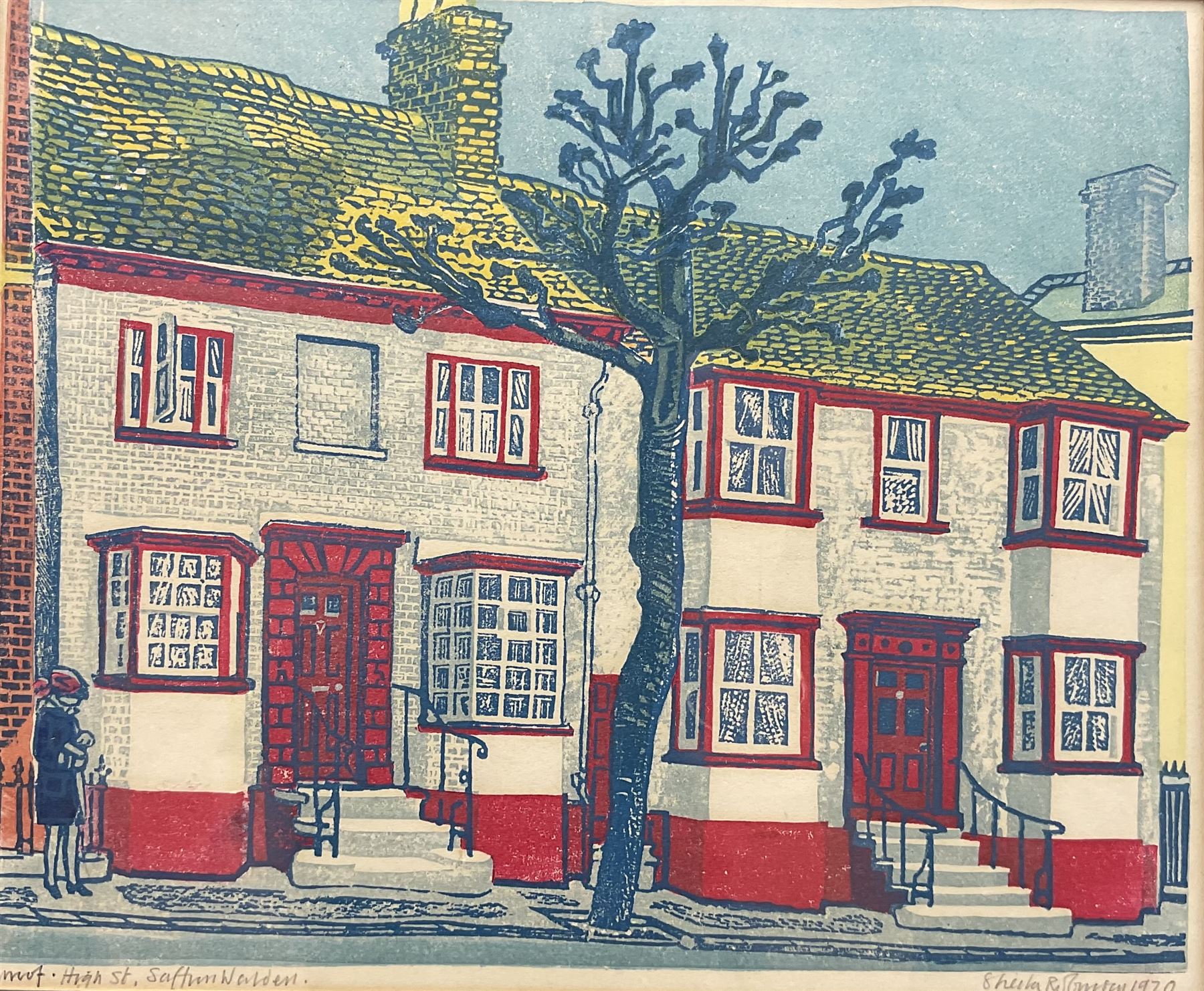 Sheila Robinson (1925-1988): 'Saffron Walden High Street' Essex, artists proof linocut signed, titled and dated 1970, 19.5cm x 24cm 