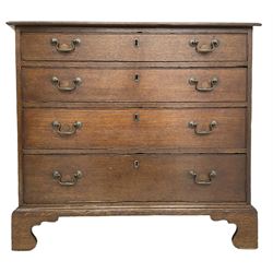 George III oak chest, moulded rectangular top over four long cock-beaded drawers, on bracket feet