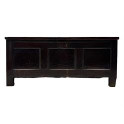 18th century oak blanket box, panelled hinged lid over panelled front, moulded frame, on stile supports 