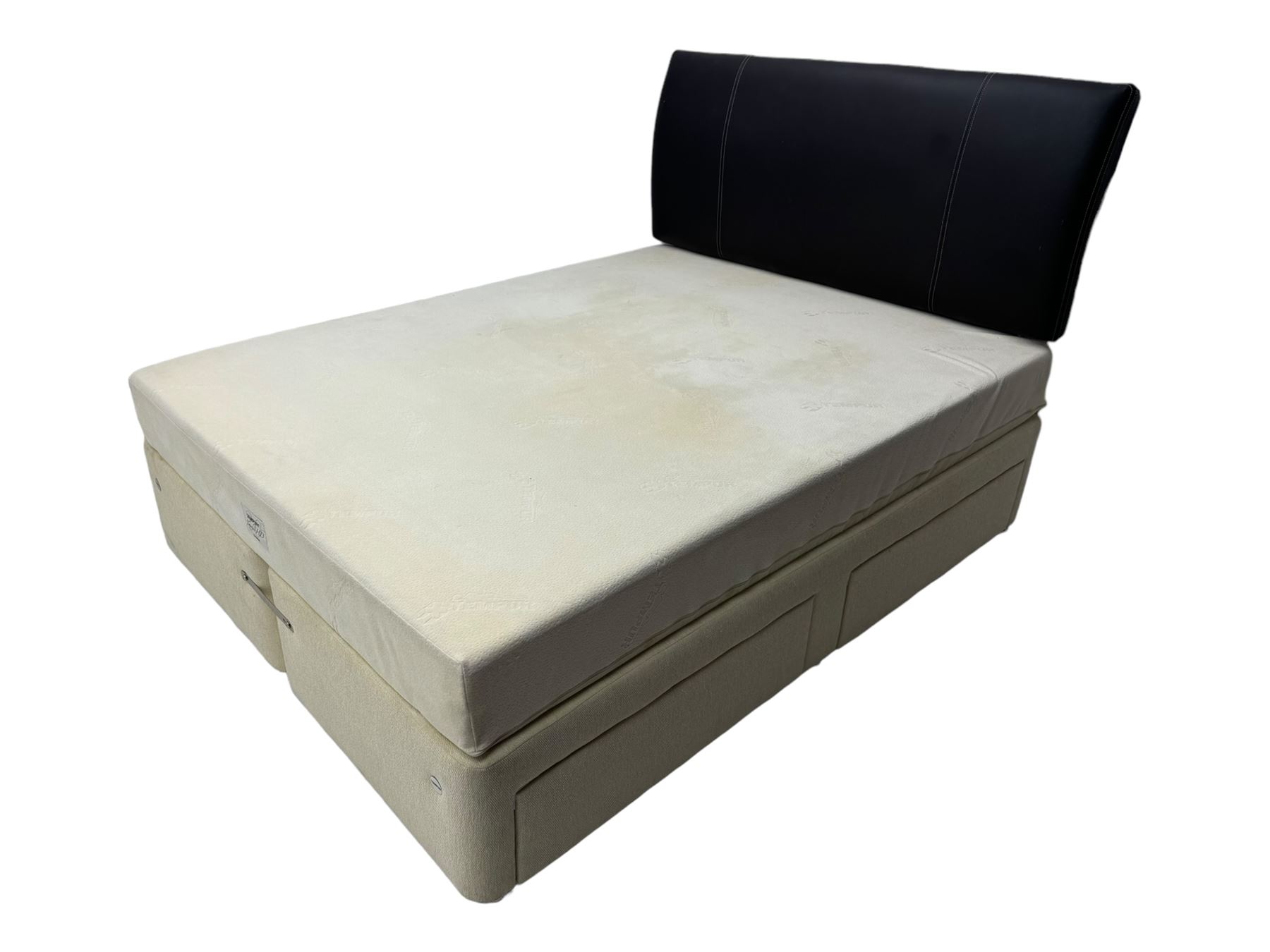 Contemporary king size 5' Tempur divan bed, black leather upholstered headboard, beige fabric divan base with four drawers; Tempur 'Combi HD' mattress with removable cover (200 x 150 x 20cm)