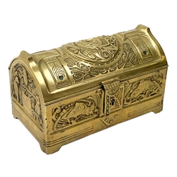 Secessionist brass casket, decorated in relief with ravens to the hinged opening cover and parrots to the body, further detailed with stylised motifs, impressed beneath St, H9.5cm, L16cm


 