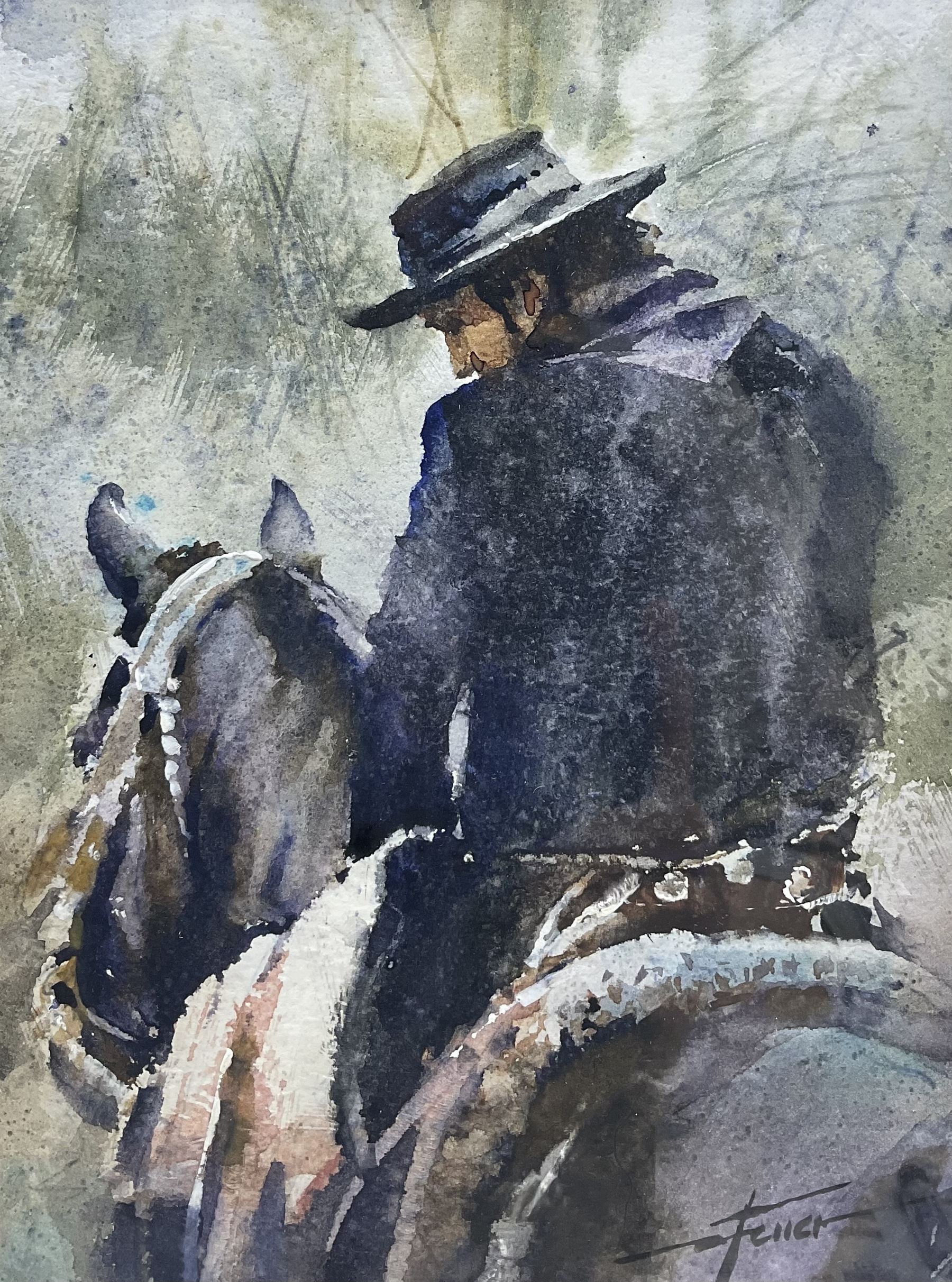 Diego Ferrer (Argentinian Contemporary): Gaucho - Man on Horseback, watercolour signed 19cm x 14cm 