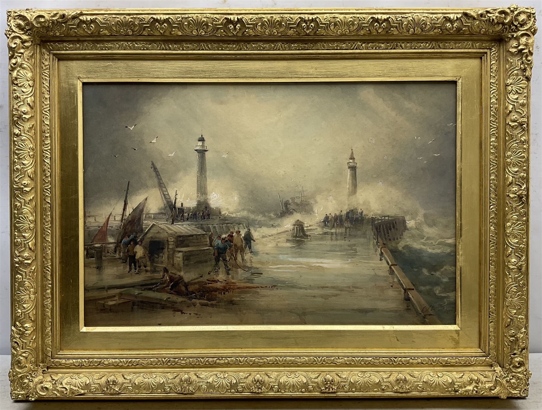 Frederick William Booty (British 1840-1924): Whitby Piers in Stormy Seas, watercolour signed and dated 1915, 39cm x 60cm