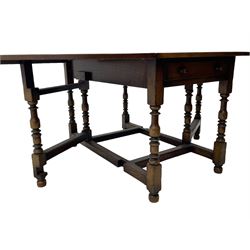 Titchmarsh & Goodwin - 17th century design oak drop leaf dining table, oval top with hinged drop leaves, single drawer to one side with applied makers label, baluster-turned supports united by stretchers