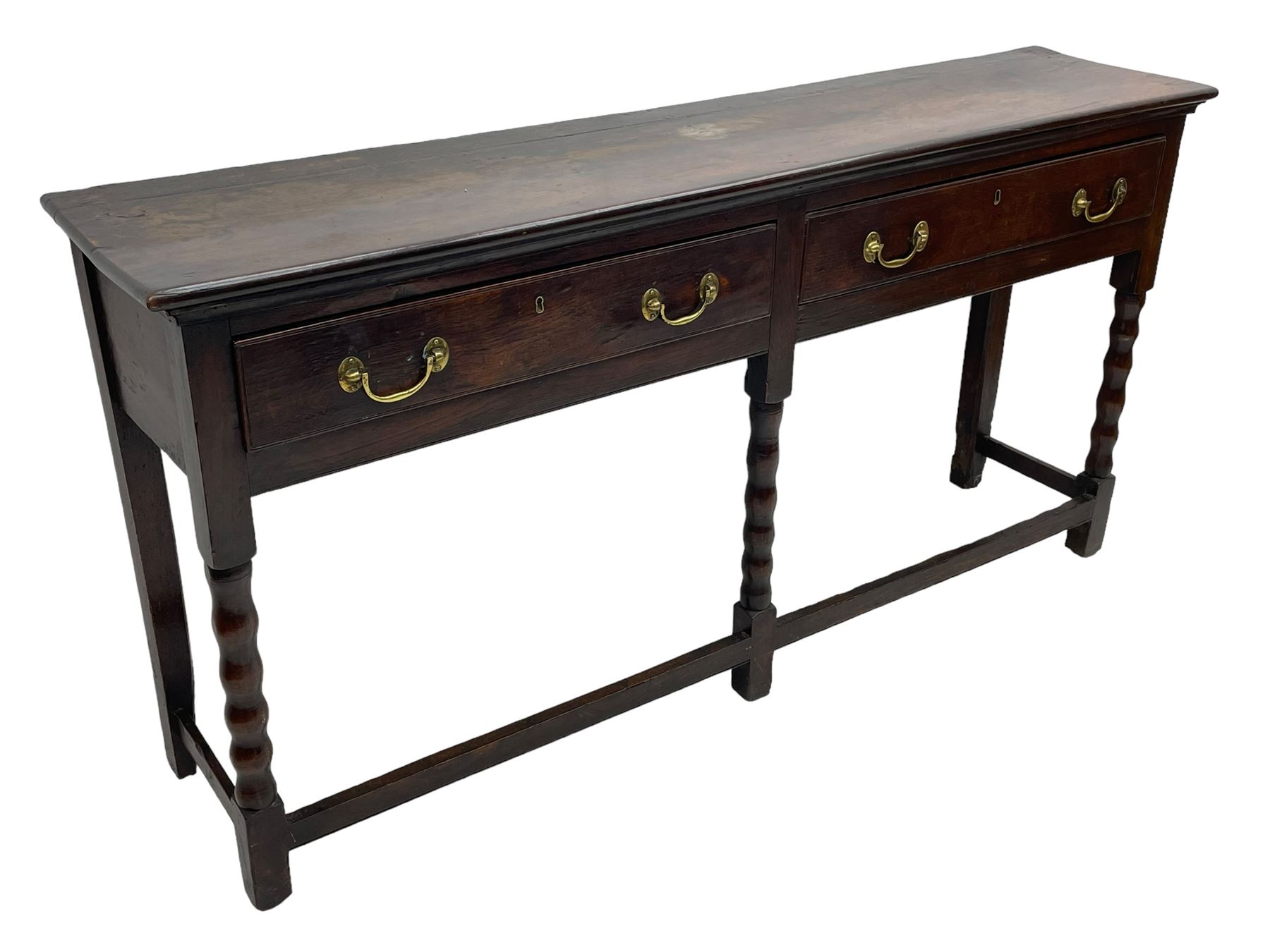 18th century oak dresser base, rectangular top, fitted with two drawers with moulded facia edges and brass swan neck handles, raised on turned front supports united by stretchers