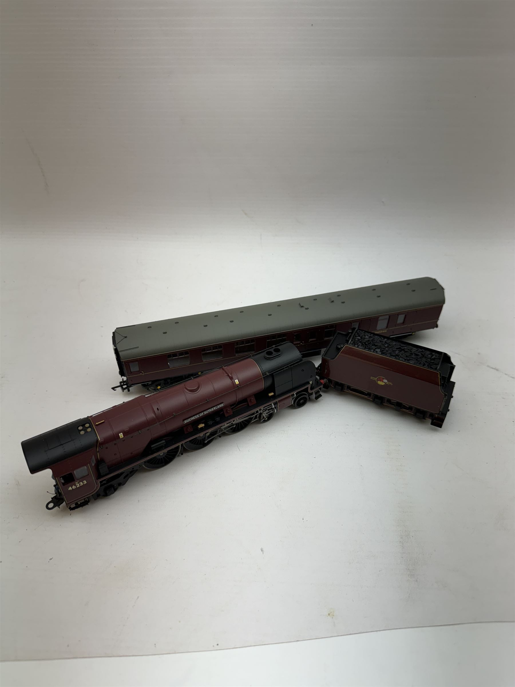 Hornby '00' gauge BR Duchess of Sutherland and Support Coach Train Pack R3221, comprising BR Princess Coronation Class 4-6-2 Duchess of Sutherland locomotive no. 46233 and BR MkI Brake Support Coach no. 99041, both in maroon livery, in original box