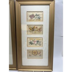 Six WWI silk postcards in two frames, comprising including Right is might, England Forever, Souvenir etc, frame H57cm, W29cm 