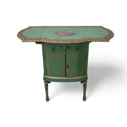 Edwardian Adam Revival green-painted and parcel gilt bedside lamp table, break bowfront drop-leaf top with foliate carved edge, the top painted with oval panel depicting three putto celebrating the harvest with wheat sheaves and fruit, within trailing floral band, fitted with single drawer and double cupboard, on turned supports decorated with acanthus leaves and draped festoons 