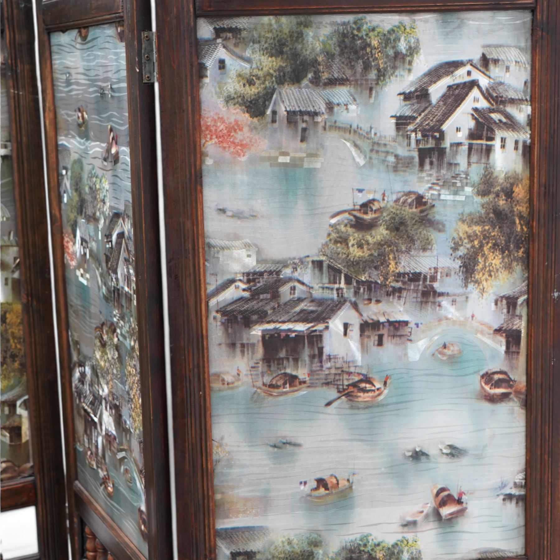 Stained pine four panel folding screen, decorated with traditional Chinese fishing scenes 