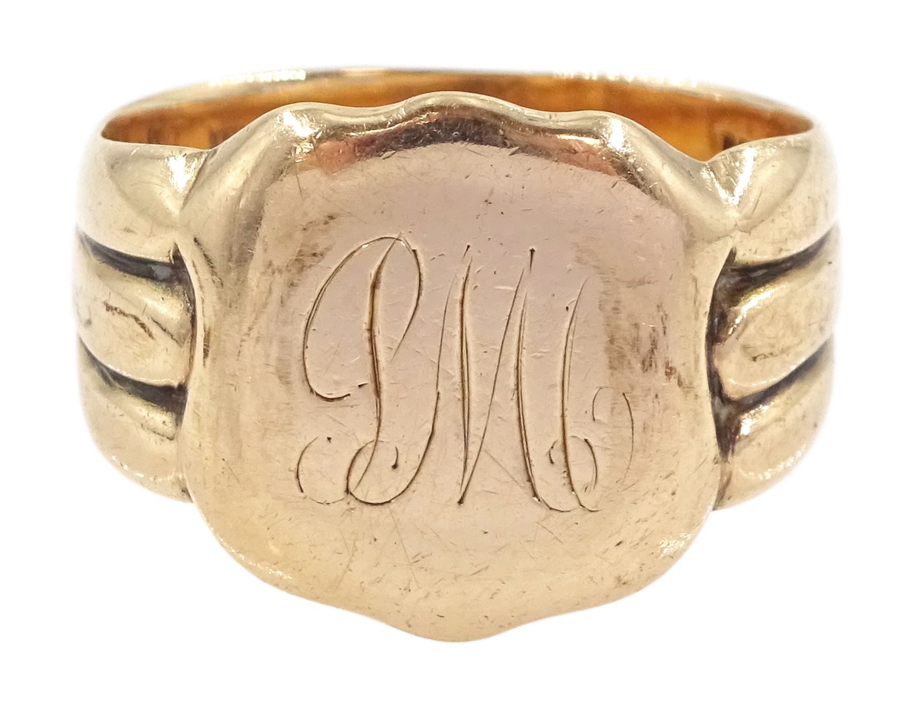 Early 20th century 9ct rose gold signet ring, with monogrammed initials, Chester 1916