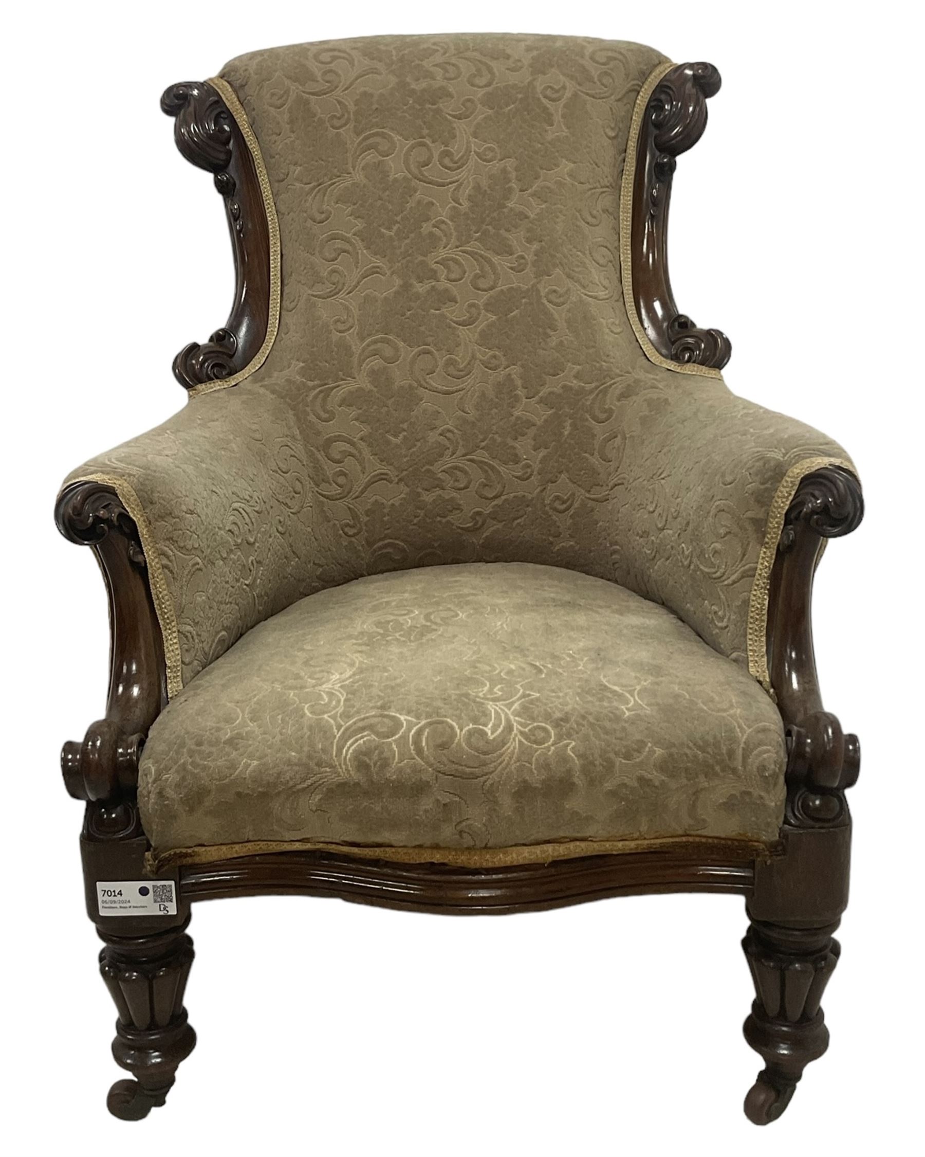 William IV mahogany framed armchair, rolled back with scroll carved uprights, acanthus carved arm terminals over serpentine fronted seat, raised on turned and lobe carved supports with castors