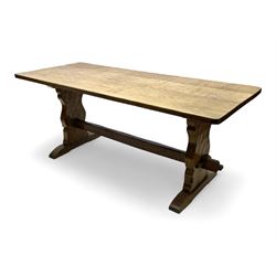 Gnomeman - oak dining table, rectangular adzed top, shaped end supports on sledge feet united by pegged stretcher, by Thomas Whittaker, Littlebeck, Whitby 