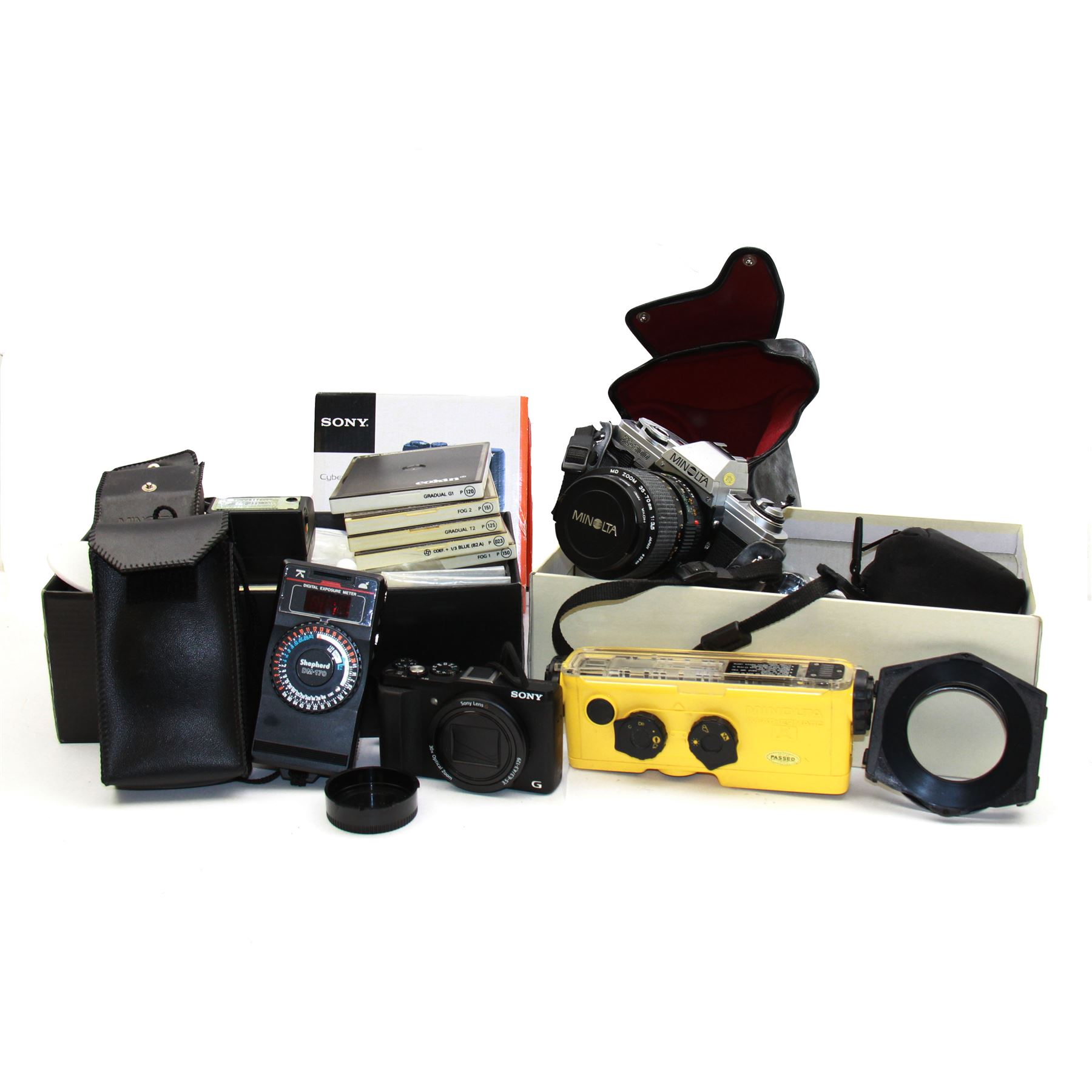 Cameras, including Sony Cyber-shot DSC-HX60V, together with camera accessories, inlcuding lens covers, flashes etc