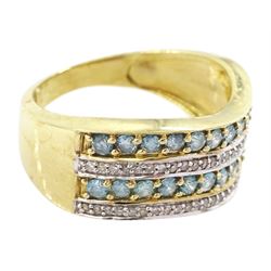 9ct gold four row round brilliant cut fancy blue and white diamond ring, hallmarked