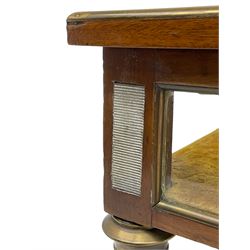 Walnut and brass inlaid bijouterie cabinet, the rectangular lid with bevelled glass pane inlaid with brass stringing, velvet lined interior, on tapering turned and fluted supports with brass collars and feet