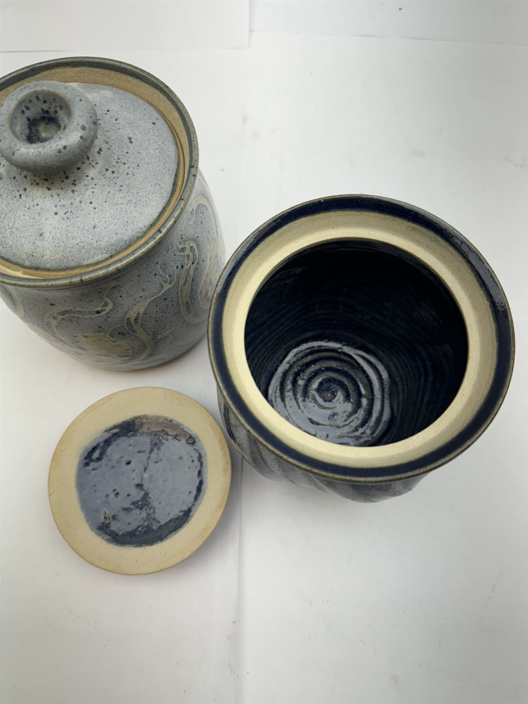 Jane Hamlyn studio pottery tankard and two John Egerton tea caddies, together with two studio pottery lamp bases, largest lamp base H34cm