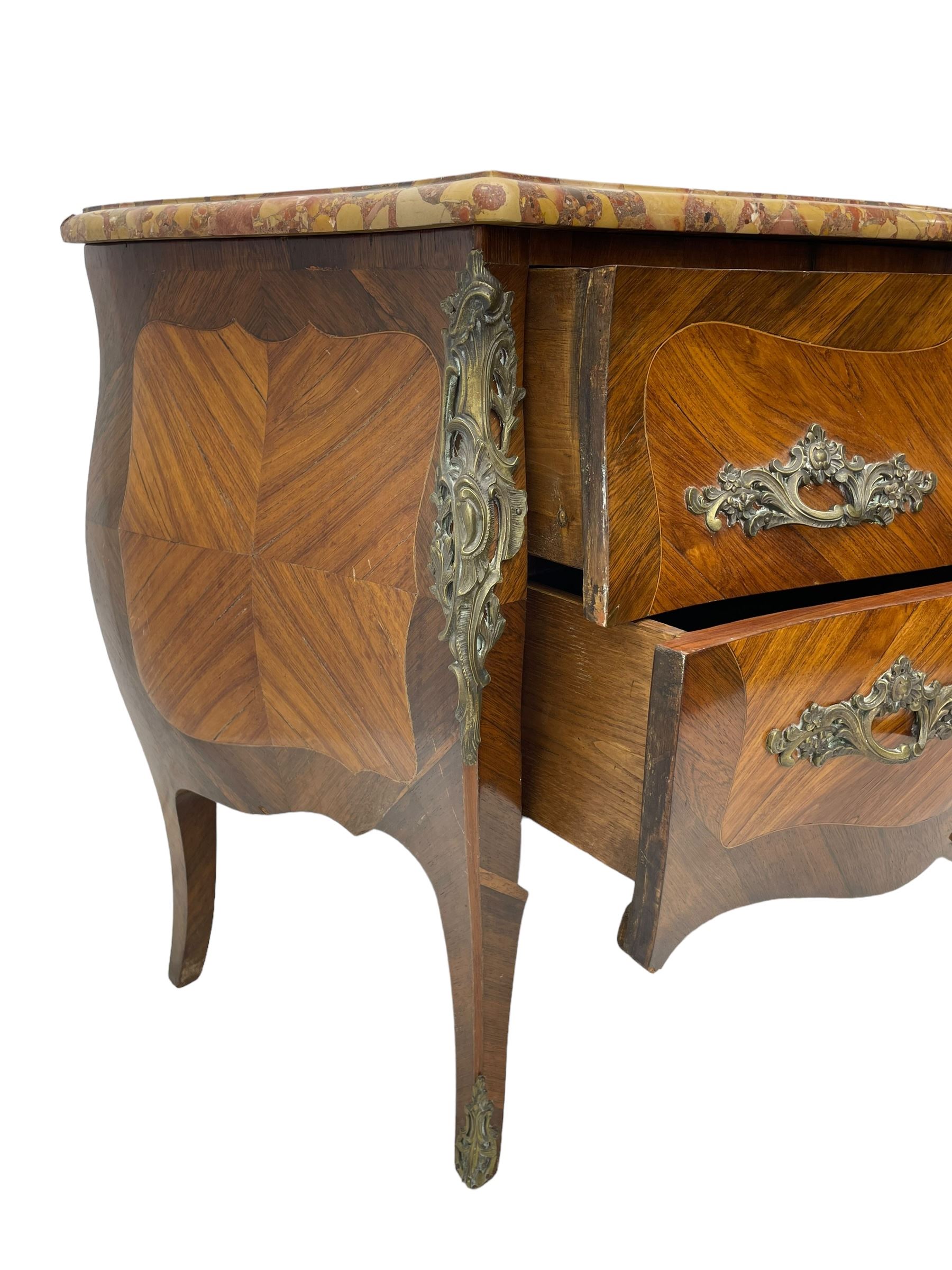 Late 20th century Louis XV design Kingwood and rosewood bombe commode chest, shaped ovolo-moulded variegated marble top, fitted with two drawers, scrolling foliate cast gilt metal handles and mounts