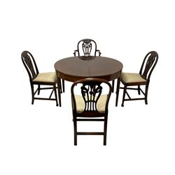 Pair of Georgian design mahogany D-end tables, reeded edge over banded frieze, on square tapering supports; with set of four (3+1) Hepplewhite design mahogany dining chairs, elaborately pierced and carved splat with festoons over dished seat, on fluted supports (W63cm H98cm)