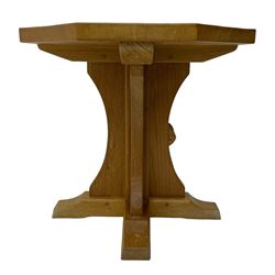 Mouseman - oak occasional table, octagonal adzed top, cruciform pedestal on sledge feet, carved with mouse signature, by the workshop of Robert Thompson, Kilburn 