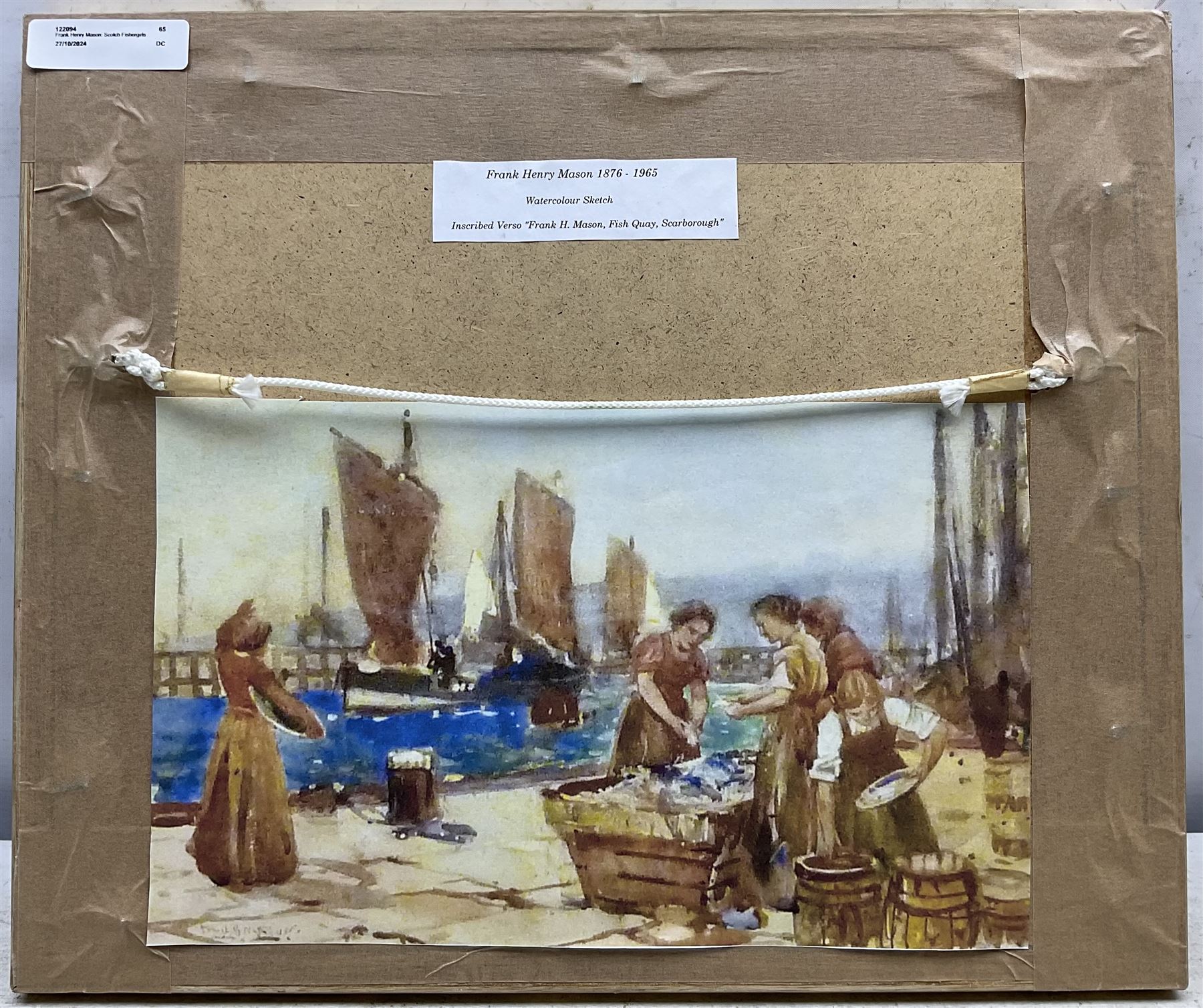 Frank Henry Mason (Staithes Group 1875-1965): Scotch Fishergirls Sorting the Catch on the 'Fish Quay - Scarborough', watercolour, signed and titled verso (within the frame) 14cm x 20cm