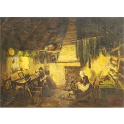 English School (19th century): Spinning Yarn in a Cottage Interior, oil on board indistinctly signed 43cm x 58cm