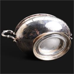 20th century silver-plated bottle coaster with grape vine decoration, cut glass claret jug with silver-plated mounts, H30cm and an early 20th century Elkington silver plate soup tureen, lacking cover 